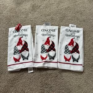 NEW Set of 3 Gnome of the Holidays Kitchen Hand Towels Buffalo Plaid Microfiber